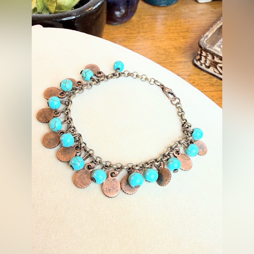Turquoise Bead Charm Bracelet Copper Tone Chain Disc Dangles Boho Style